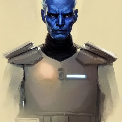 Image similar to portrait of a blue skin man by greg rutkowski, short black hair in military style, tall, star wars expanded, universe, he is about 5 0 years old, wearing white colored imperial admiral uniform, artstation hq