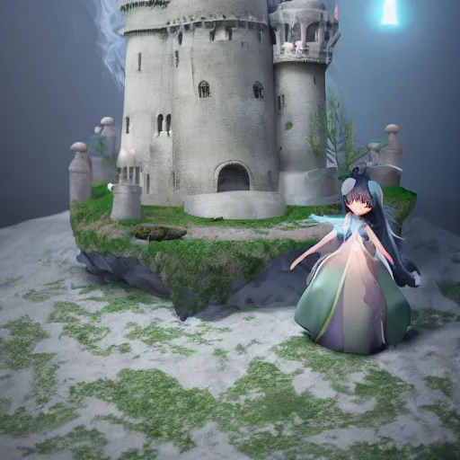 Image similar to cute fumo plush of a princess girl in a tower on a tiny island which she lays sole claim to, selfish empress of the abyss, tempestuous waters, wisps of volumetric smoke and fog, gothic maiden in tattered white dress, vignette, vray