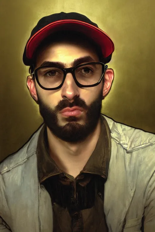 Prompt: hyperrealist portrait of a young ducktail bearded middle eastern american man wearing black wayfarer glasses and red baseball cap, it is decorated with wires and monitors. by jeremy mann and alphonse mucha, fantasy art, photo realistic, dynamic lighting, artstation, poster, volumetric lighting, very detailed faces, 4 k, award winning