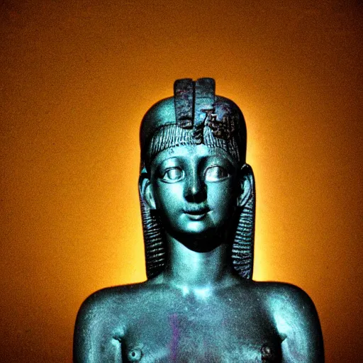 Image similar to sculp of Cleopatra on the rain, faith, ant view, night, smoke, shadows, award winning photography