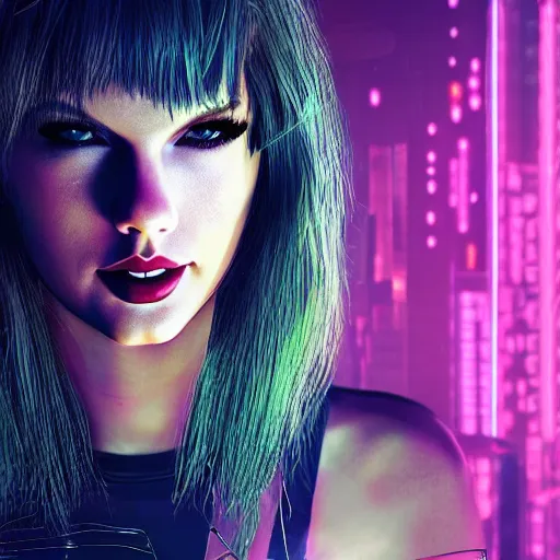 Image similar to taylor swift portrait, Cyberpunk 2077, cyberpsycho, photorealistic, ultra detailed, neon, octane, bokeh, cyber, cyberpunk city, feature, scars, cyberface, 8k