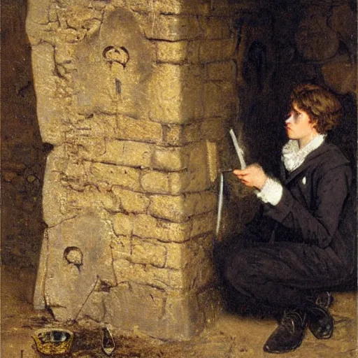 Image similar to young victorian man and woman solving a riddle carved into a stonewall in a dungeon, by alfred stevens