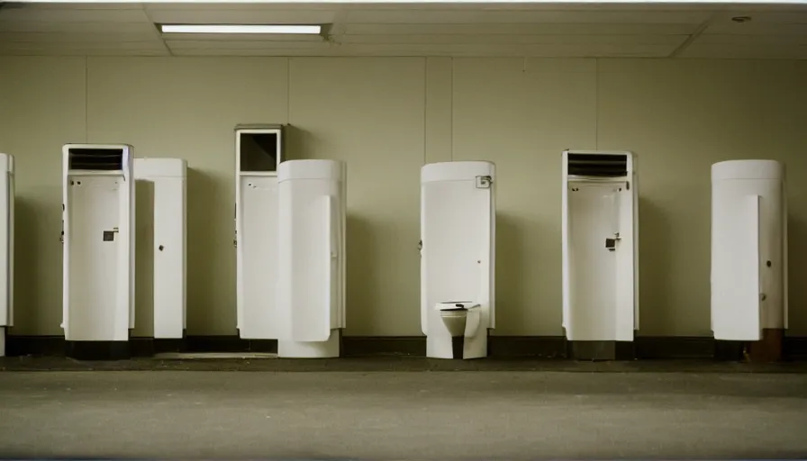 Image similar to 60s movie still of empty public toilets visible toilets, cinestill 800t 50mm eastmancolor, liminal Space style, heavy grain-s 150