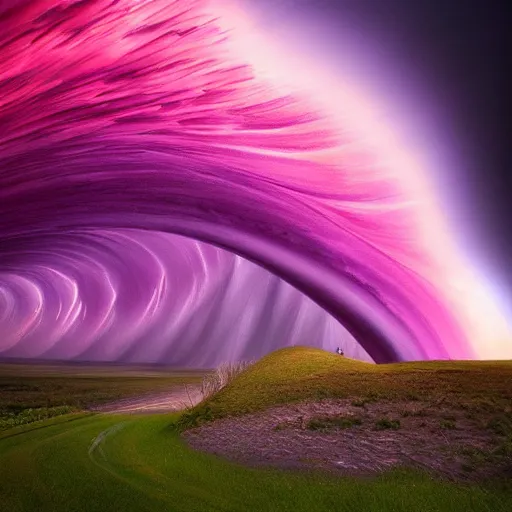 Prompt: amazing landscape photo of a purple tornado in the shape of a funnel by marc adamus, digital art, beautiful dramatic lighting