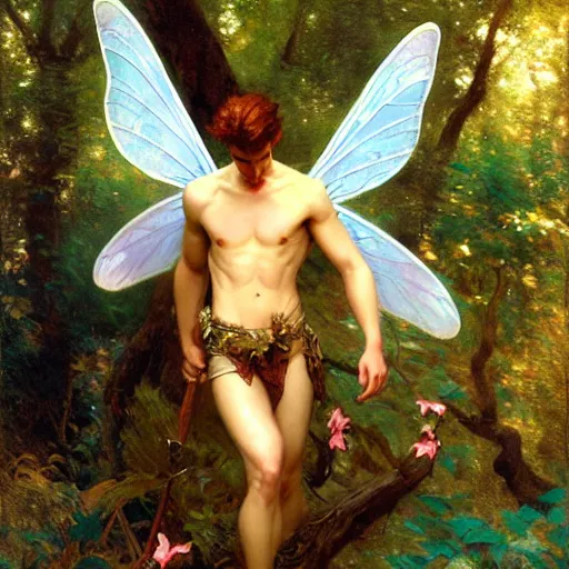 Image similar to attractive male fairy with wings in the forest, posing. highly detailed painting by gaston bussiere, craig mullins, j. c. leyendecker, 8 k