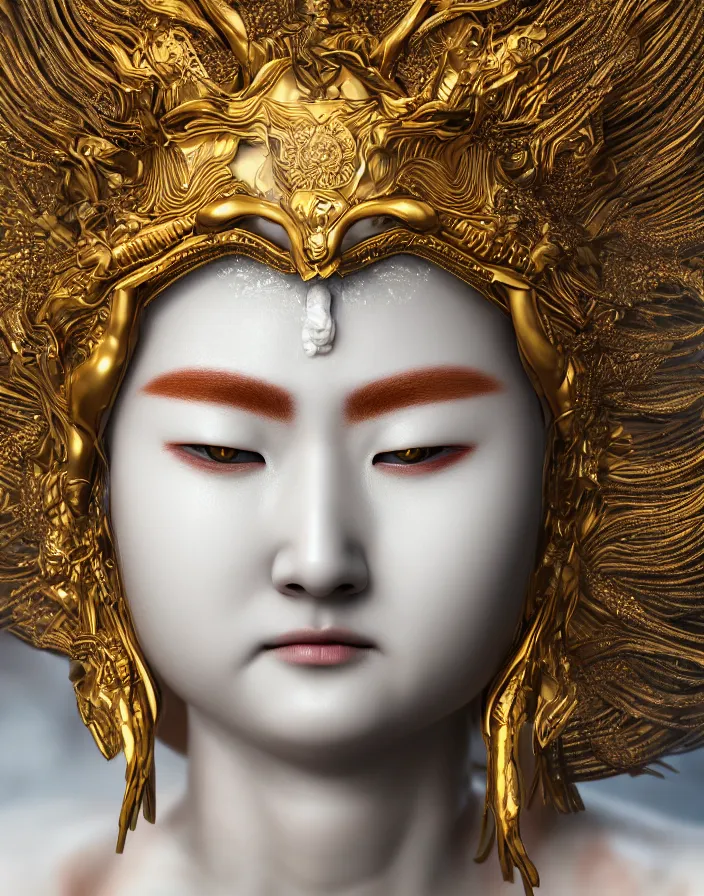 Image similar to hyper realistic portrait photo of ameterasu the sun goddess of japan, portrait shot, porcelain white face, intricate detail, octane render