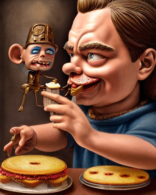 Image similar to highly detailed closeup, face profile portrait of a tin toy leonardo dicaprio as a medieval goblin eating cakes in a castle, hyper realistic, artstation, illustration, nicoletta ceccoli, mark ryden, lostfish, dan decarlo, bob clampett, max fleischer, digital paint, matte paint, vivid colors, detailed and intricate environment