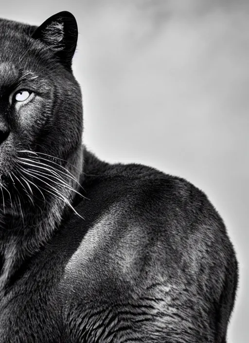 Image similar to black panther black and white portrait white sky in background