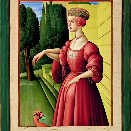 Prompt: portrait of an anthropomorphic flamingo as an italian duchess, sandro bottecelli, 1 5 0 0