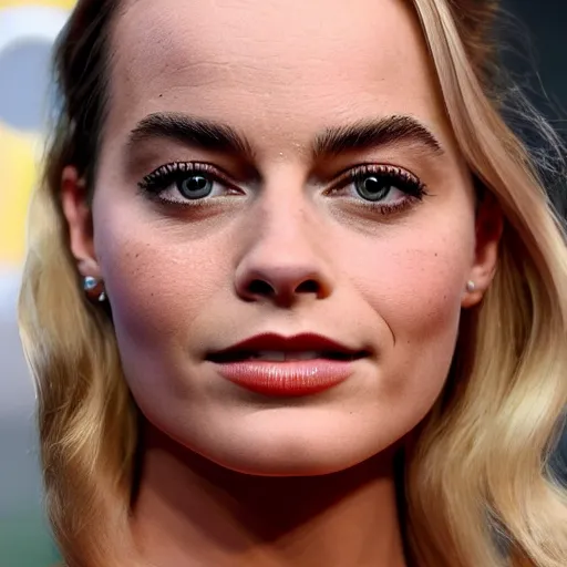 Image similar to a woman who is a genetic combination of margot robbie and emma watson face and upper - body focus