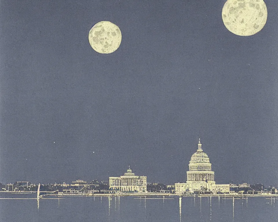 Prompt: beautiful print of the U.S. Capitol bathed in moonlight by Hasui Kawase and Lyonel Feininger.