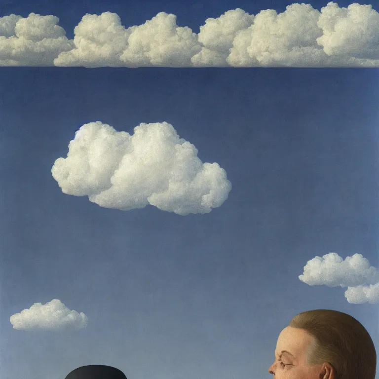 Prompt: portrait of a death, clouds in the background, by rene magritte, detailed painting, distance, middle centered, hd, hq, high resolution, high detail, 4 k, 8 k