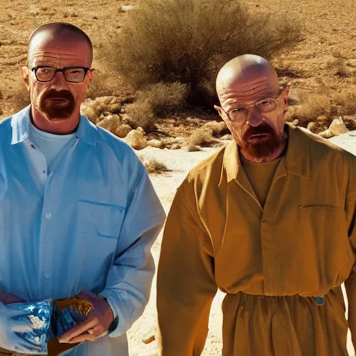 Image similar to Jesus and walter white holding ziploc bags of crystal blue meth, in the desert, film still, 4k, photorealistic, hd