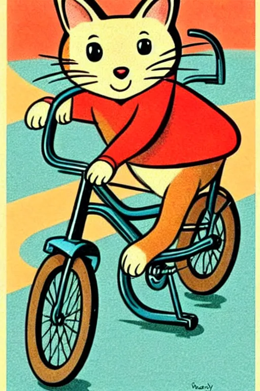Prompt: by richard scarry!!!!!!!!!!!!!!!!!!!!!!!!!!! a cat riding a bike. a 1 9 5 0 s retro illustration. muted colors, detailed