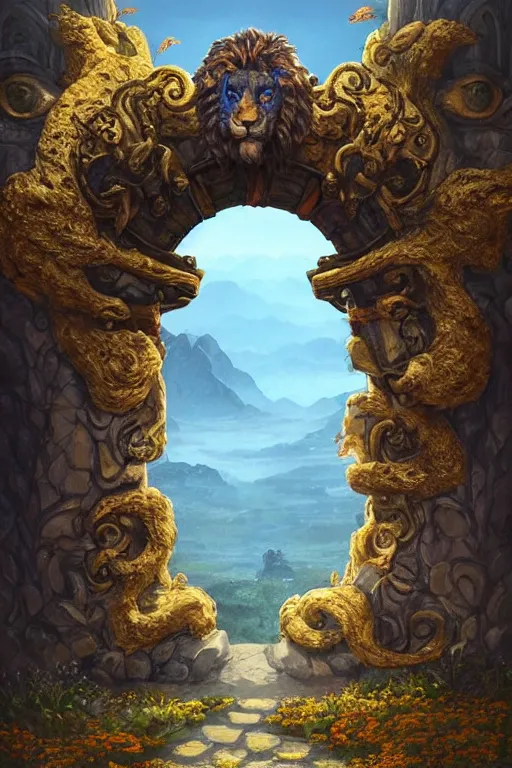 Prompt: A giant medieval fantasy blue energy portal gate with a rusty gold carved lion face at the center of it, the portal takes you to another world, full of colorful flowers on the lost Vibes and mountains in the background, spring, delicate fog, sea breeze rises in the air, by andreas rocha and john howe, and Martin Johnson Heade, featured on artstation, featured on behance, golden ratio, ultrawide angle, f32, well composed, rule of thirds, center spotlight, low angle view