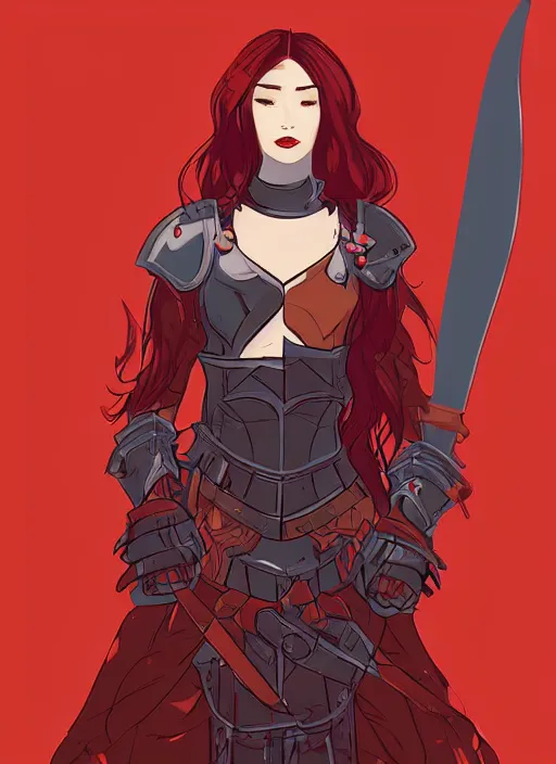 Image similar to a young woman in full plate armor with beautiful hair and red lips in a dramatic pose. she is a knight. clean cel shaded vector art. shutterstock. behance hd by lois van baarle, artgerm, helen huang, by makoto shinkai and ilya kuvshinov, rossdraws, illustration, art by ilya kuvshinov