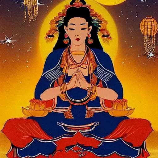 Image similar to a beautiful Asian sky goddess, sharing her cosmic magic with the world