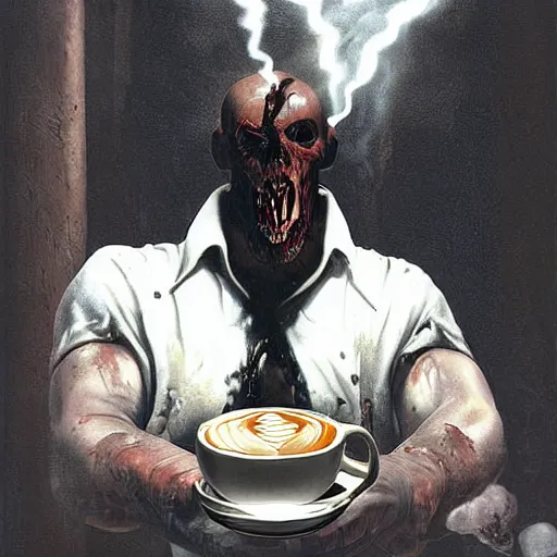 Image similar to nemesis from resident evil sits on a chair behind a coffee salt on a summer veranda and holds in his hand a small porcelain cup with tea from which steam comes out, in the stylization of romanticism paintings, detailed facial proportions