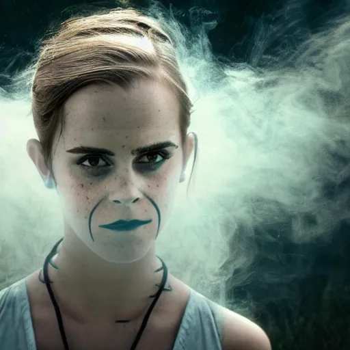 Image similar to a photo of a psychotic Emma watson emerging through smoke in a FEMA emergency camp, extreme terror, frightening, fear, dread, discontent, in the style of Antony gormly and Simon stalenhag and Steve mccurry, photorealistic, 4k, 8k, 16k, highly detailed, very intricate, facing camera, one person only,evil, rule of thirds, insanely detailed and intricate, hypermaximalist, elegant, ornate, hyper realistic, super detailed