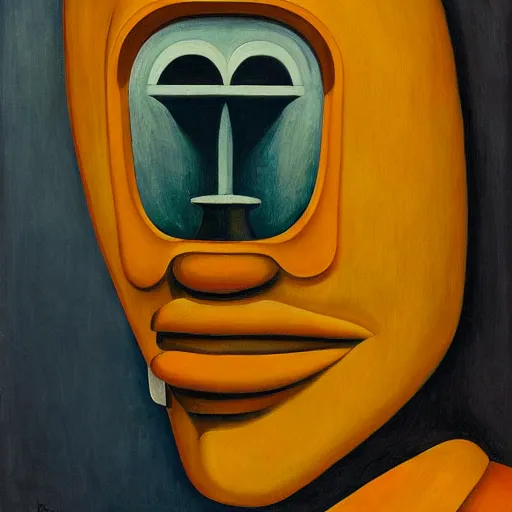 Prompt: brutalist giant sacred robot visage, portrait, cathedral, dystopian, pj crook, edward hopper, oil on canvas