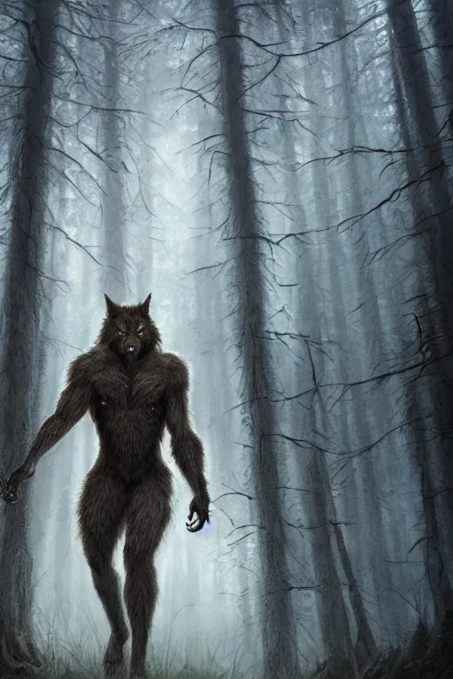 Prompt: ultra realist and ultra intricate detailed soft painting of a werewolf, from the waist up, symmetry features, yellow eyes, sensual gloomy style, volumetric clouds, foggy forest background, artstation, unreal render, depth of field