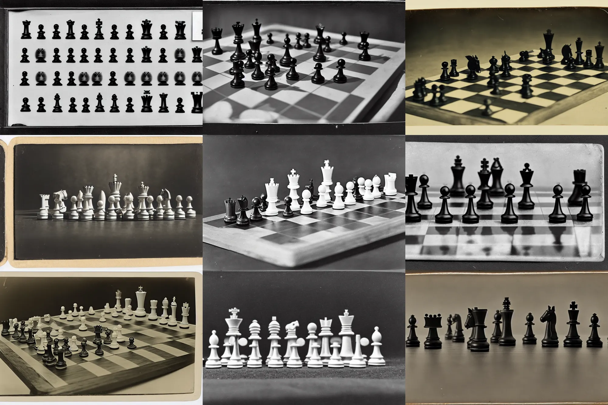 Prompt: tintype photo of chess set designed by marcel duchamp