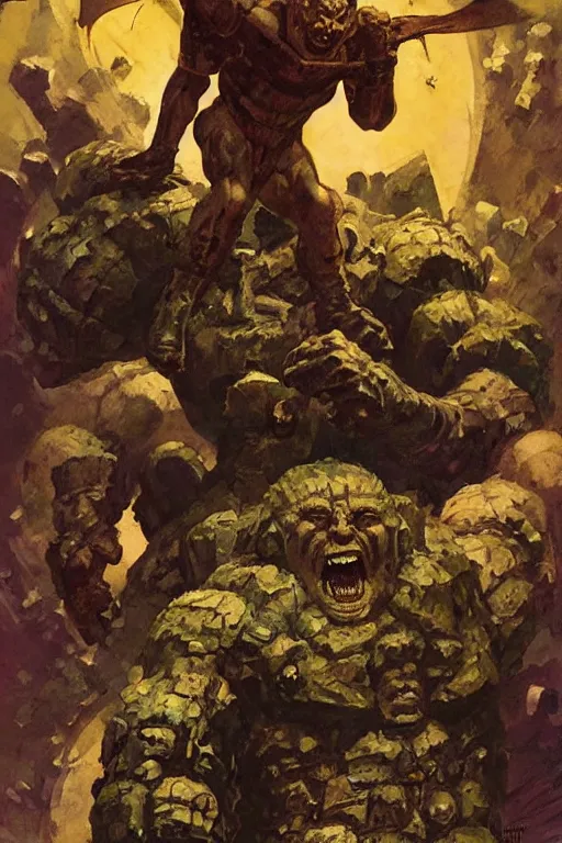 Image similar to full body portrait of martyn ford as huge golem attacking spaceship, dynamic action, by norman rockwell, jack kirby, jon berkey, earle bergey, craig mullins, ruan jia, jeremy mann, tom lovell, marvel, astounding stories, 5 0 s pulp illustration, scifi, fantasy