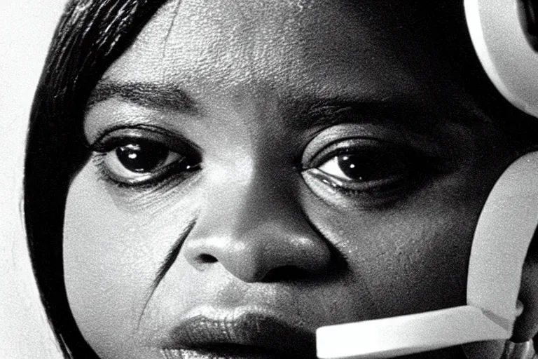 Image similar to screenshot of close up of octavia spencer removes a small hearing device with tweezers from her left ear, iconic scene from the paranoid sci fi thriller film directed by stanley kubrick, apartment set in the near future, cinematic shot with anamorphic lenses, color theory, apartment design, leading lines, photorealistic, volumetric lighting