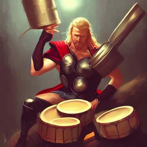 Image similar to thor playing the bongos, comic style by guweiz and stanley artgerm, extremely high quality artwork, very detailed, trending on artstation