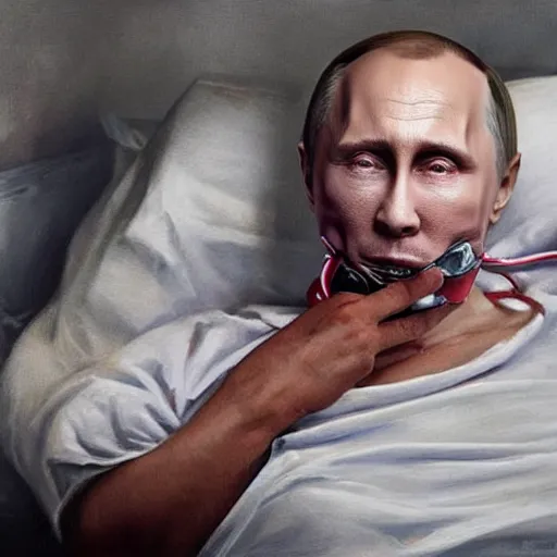 Image similar to hyperrealistic painting of very ill Vladimir Putin wearing an oxygen mask on a death bed inhaling from Copium tank, dimly lit cozy tavern, leather tunic, confident relaxed pose, d&d, stunning 3d render inspired art by Tim Okamura and Lise Deharme + perfect facial symmetry + dim volumetric lighting, 8k octane beautifully detailed render, post-processing, extremely hyperdetailed, intricate, epic composition, grim yet sparkling atmosphere, cinematic lighting + masterpiece, trending on artstation, very very detailed, masterpiece, stunning