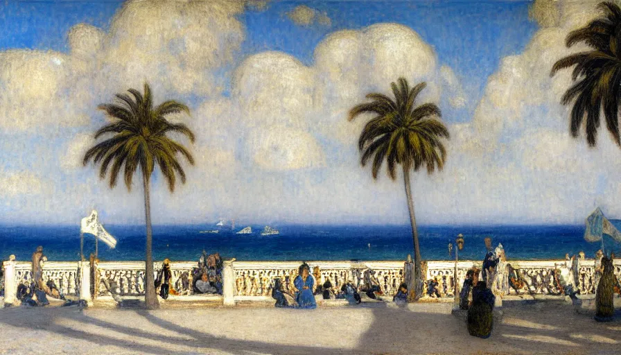 Image similar to a ultradetailed beautiful painting of the thunder sky of the rio de janeiro palace balustrade designed by jules bastien - lepage, tarsila do amaral, frank weston and gustave baumann, beach, trending on artstation, mediterranean, palm trees, sharp focus, giant greek columns, soft light, 8 k 4 k