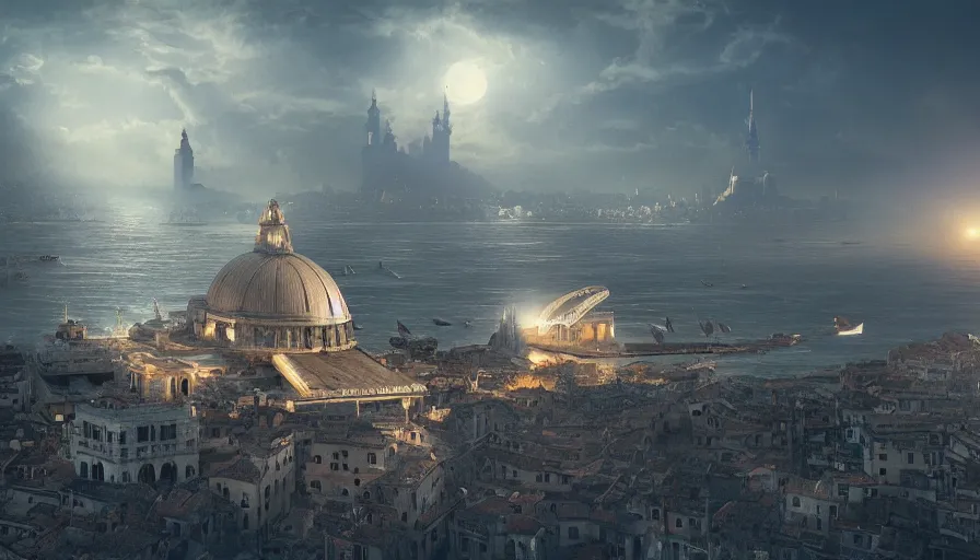 Image similar to an alien ufo high tech spaceship landing on italy venice city landscape with beautiful temples by greg rutkowski, artgerm, ross tran, magali villeneuve, intricate, time travel theme, audince in awe, spectacle, audience sorrounding, award winning, octane render, masterpiece, 8 k