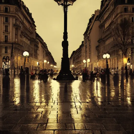 Image similar to Public square in Paris, it is night and raining, digital art , highly detailed , high contrast, beautiful lighting, award winning , trending on art station, photorealistic, 8k