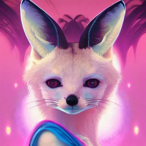 Prompt: fennec fox, vaporwave, miami vice, pink and blue, beautiful glowing lights, stunning, highly detailed, digital painting. artstation. smooth. sharp focus. illustration. art by greg rutkowski and alphonse mucha