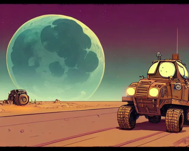 Image similar to a study of cell shaded cartoon of a mechanized snail on a desert road, in front of a big moon illustration, wide shot, muted colors, post grunge, concept art by josan gonzales and wlop, david rubin, mike mignola, laurie greasley, highly detailed, sharp focus, trending on artstation, hq, deviantart, art by artgem