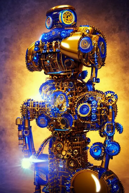 Image similar to portrait photo of a giant huge golden and blue metal humanoid steampunk robot with a huge foammachine shooting foam, with gears and tubes, eyes are glowing red lightbulbs, shiny crisp finish, 3 d render, 8 k, insaneley detailed, fluorescent colors, background is multicolored lasershow