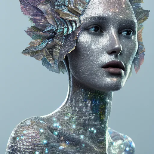 Image similar to a highly detailed ethereal full body digital image of a silver covered elegantly posed futuristic woman beautifully cocooned in chromatic leafy foliage like leaves shot, full body shot, by Andrew Chiampo, artstation, and Frederik Heyman, extremely detailed woman, stunning volumetric lighting, intricate details, hyper realism, fantasy, textured, stylized, 4k,