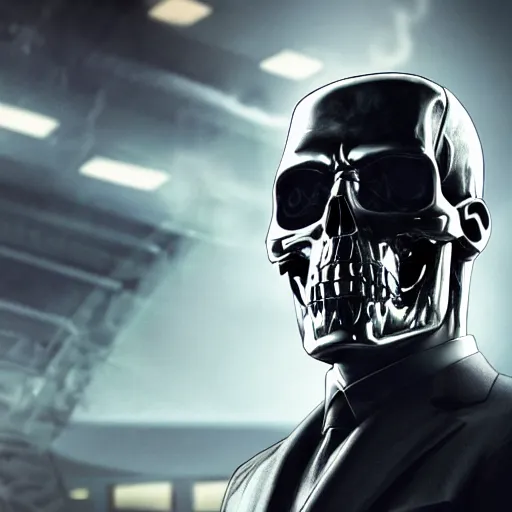 Prompt: A terminator with a half-bared skull in a business black suit crossed his arms, stands indoors, the background is blurred, focus in the foreground, realism, details,