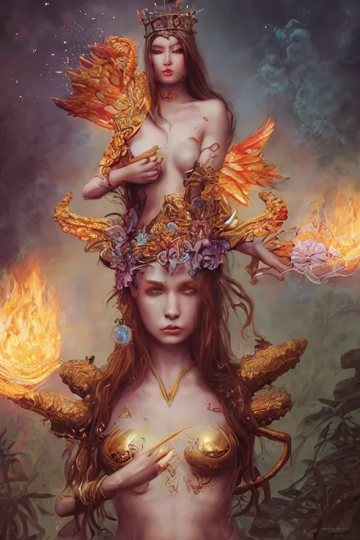 Image similar to beautiful girl sorcerer covered with fire and golden dragon skin, cute fairy girl with crown of flowers in plants bikini covered with celtic rune tattoos, casting magic spell, angel, fantasy, magic the gathering, hyper detailed, 3 d render, hyper realistic detailed portrait, peter mohrbacher, wlop, ruan jia, luis royo