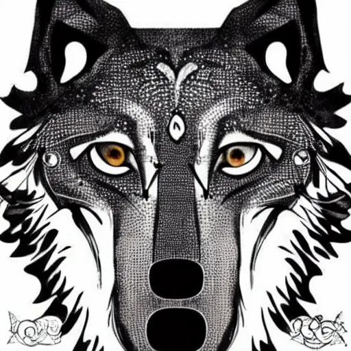 Image similar to anthropomorphic wolf portrait, circuit board tattoo, Celtic art