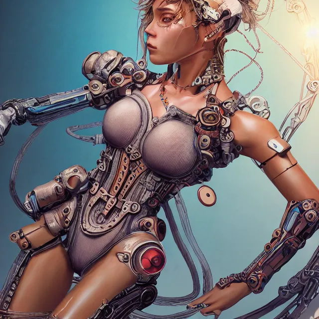 Image similar to the portrait of true neutral semi - colorful female cyborg mechanist as absurdly beautiful, gorgeous, elegant, young swimsuit model, an ultrafine hyperdetailed illustration by kim jung gi, irakli nadar, intricate linework, bright colors, octopath traveler, final fantasy, unreal engine 5 highly rendered, global illumination, radiant light, detailed and intricate environment