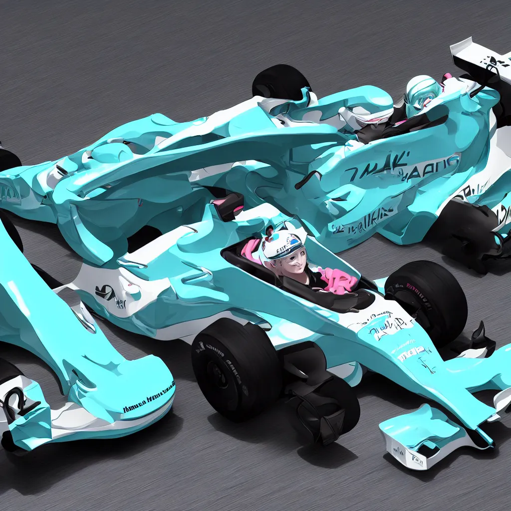 Image similar to hatsune miku driving an f 1 racecar photorealistic high resolution