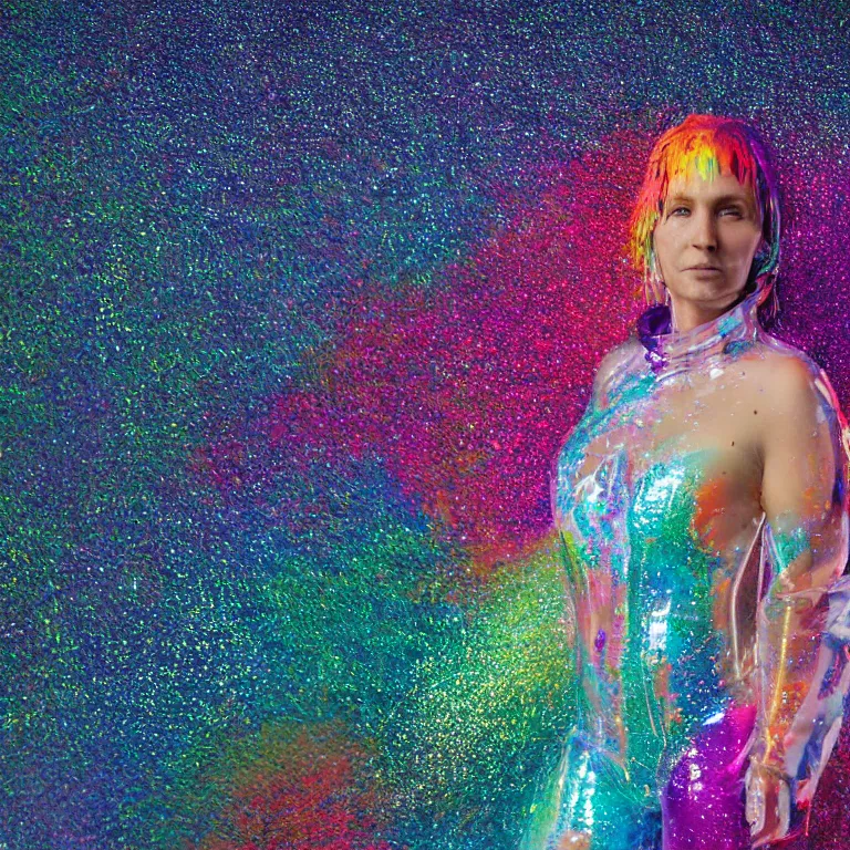 Image similar to octane render portrait by wayne barlow and carlo crivelli and glenn fabry, a woman wearing a clear plastic suit full of colorful thick fluid full of glitter, standing in front of a giant sheet of tie - dye aluminum foil, cinema 4 d, ray traced lighting, very short depth of field, bokeh