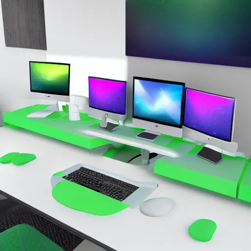 Prompt: 3 d rendering desk setup, colors light green, light blue, light purple, light yellow