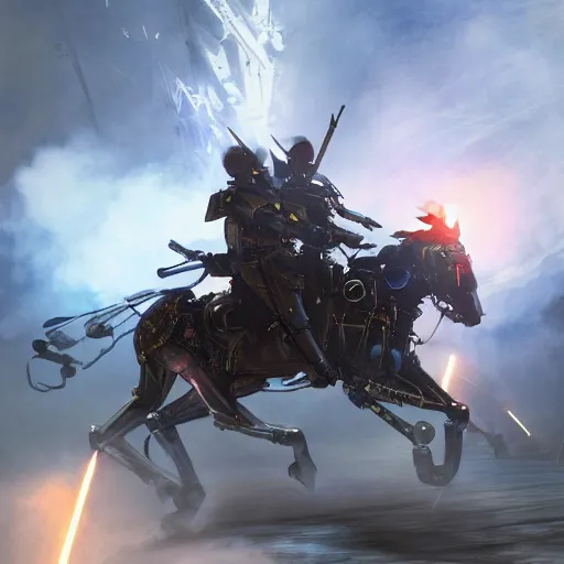 Image similar to The charge of the light brigade with robotic horses, steampunk, dramatic lighting, heavy weapons fire, energy weapons, light fog, by Makoto Shinkai and Ruan Jia