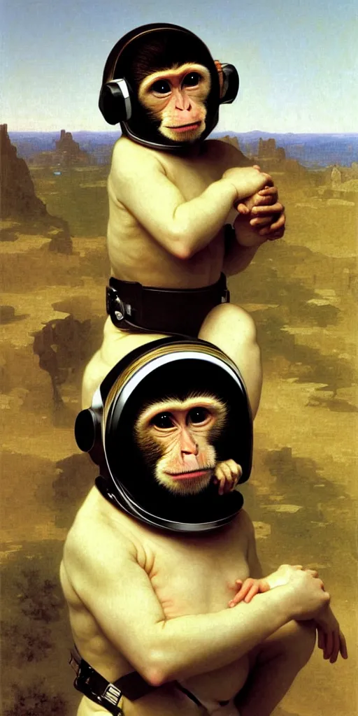 Image similar to portrait of monkey in astronaut helmet, by bouguereau