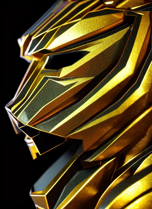 Image similar to prism samurai tiger mask, product photography, deep black background, fantasy, highly detailed, texture, shimmering, wlop, concept art, digital art, symmetrical features, 8k, golden-ratio, canvas, Wangechi Mutu, artstation, rule of thirds