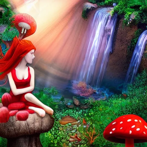 Prompt: a red haired mushroom goddess in an enchanted mushroom garden with waterfalls at sunset