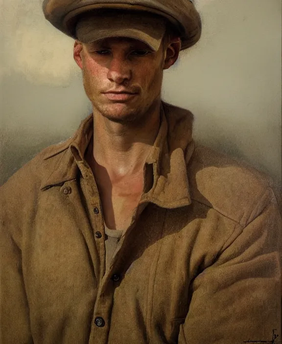 Image similar to portrait of a handsome young dutch farmer, art by denys tsiperko and bogdan rezunenko and odd nerdrum, hyperrealism