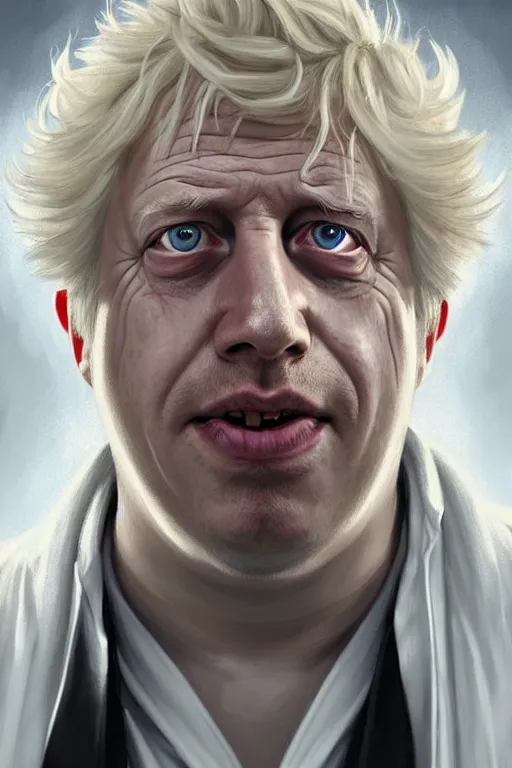 Image similar to Boris Johnson as Rick Sanchez, one single eyebrow, white robe, big eyes, portrait, symmetrical, highly detailed, digital painting, artstation, concept art, smooth, sharp focus, illustration, cinematic lighting, art by artgerm and greg rutkowski and alphonse mucha